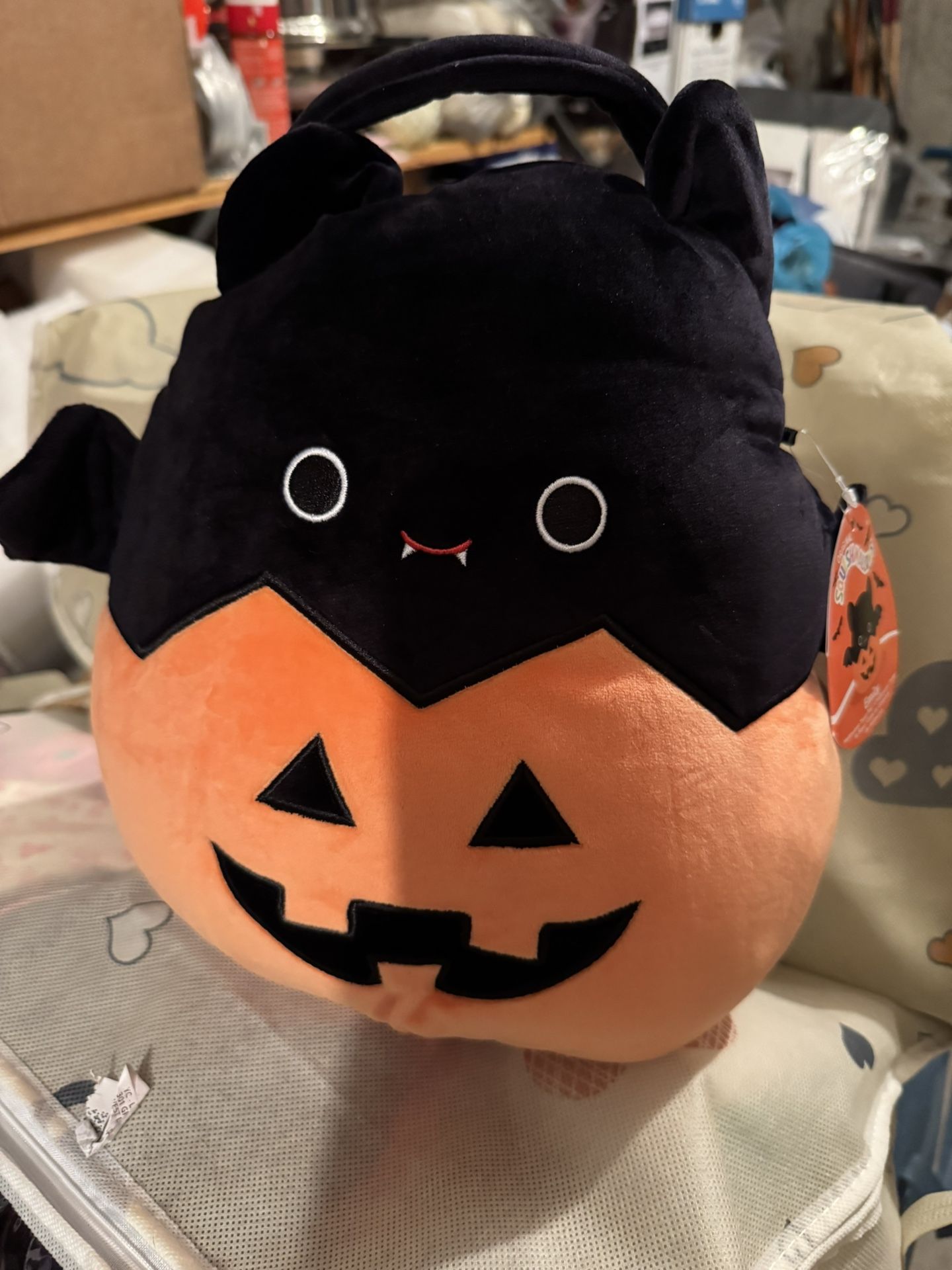New Squishmallow Treat Pail Emily the Bat, Black/Orange