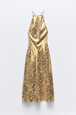 ZARA NWT VIRAL TIK TOK metallic GOLD FOIL ANIMAL PRINT Midi halter midi  DRESS S for Sale in Staten Island, NY - OfferUp