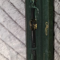 Vintage Reliance by Croton Quartz Watch, Gold Tone w/ Black Leather Band & Box