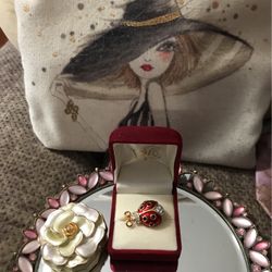 Pretty!  Gold Lucky Lady Bug Pin/Brooch With Diamond Crystals 