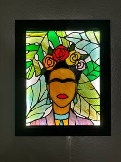 Frida Kahlo stained glass in lit frame