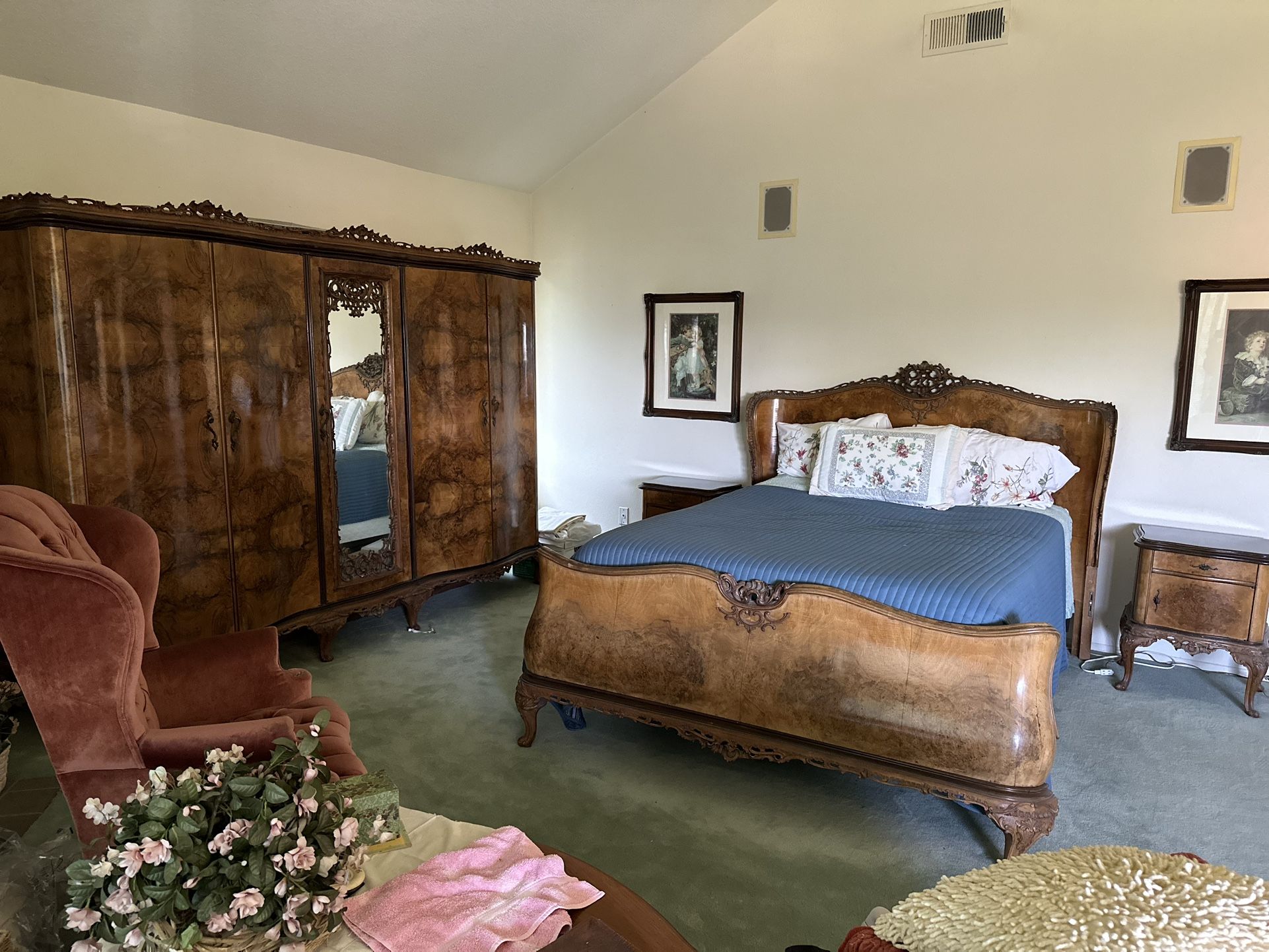 Antique 5 piece Italian Chippendale Solid Wood Bedroom Set