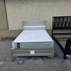 Silver Queen Size Solid Wood Bed Frame With Brand New Queen Size Plush Sealy Posture Pedic Mattress And Box Spring In Plastic 
