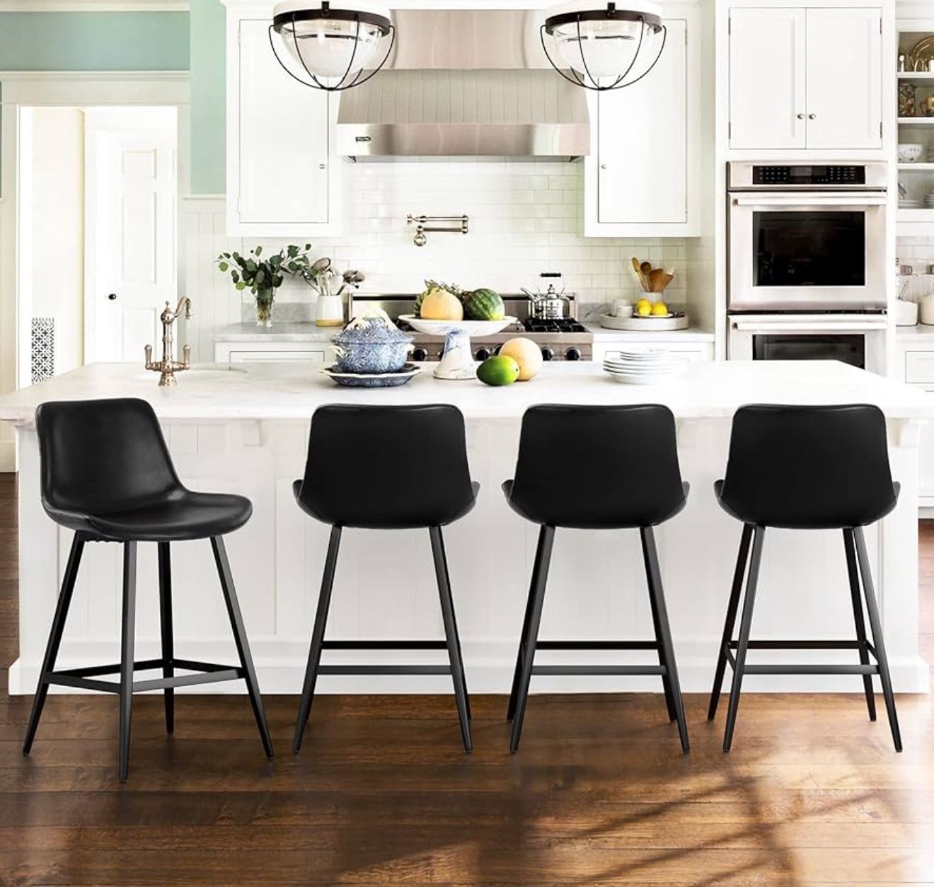 24 inch Counter Stool, Modern Bucket Barstools, Counter Height Bar Stools with Back and Footrest for Home Kitchen Island Restaurants, Set of 4, Black