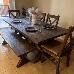 Solid Wood Table With Chairs And Bench Set