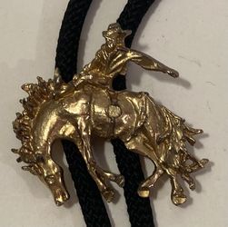 Vintage Metal Bolo Tie, Nice Brass Cowboy, Bronco Busting, Rodeo, Nice Design, 2" x 1 3/4", Quality, Heavy Duty, Made in USA, Country & Western, Cowbo