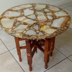 Vintage Arturo Pani-style onyx and abalone shell large side table