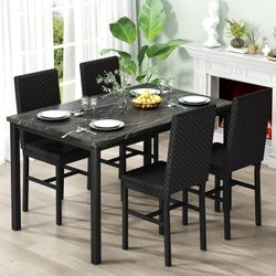 Dining table set for 4, marble kitchen table and chairs set with 4 PU leather upholstered chairs, metal frame, sturdy and durable, suitable for small 