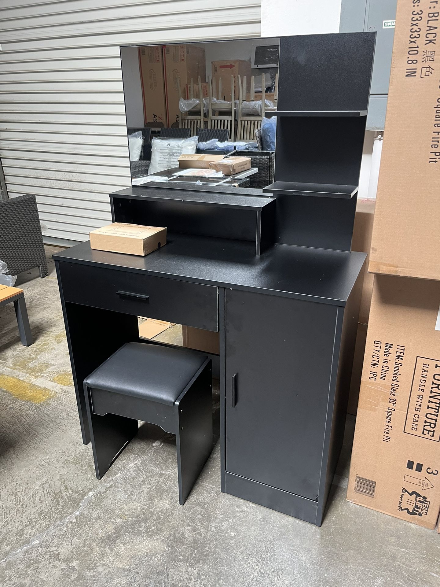 Black Vanity Desk Mirror And Cushioned Stool