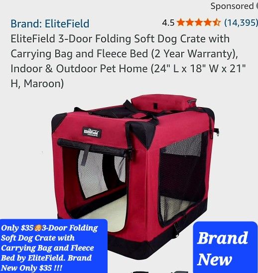 $35🐶Soft Dog Crate 3-Door Folding with Carrying Bag and Fleece Bed by EliteField. Brand New Only $35 !!!