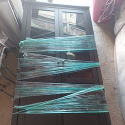 China Cabinet,   Wood ,  Redish Black , Glass Doors  And Light, And Shelves