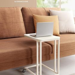 VASAGLE End Table C Shaped TV Tray with Metal Frame Rolling Casters  - Cream White