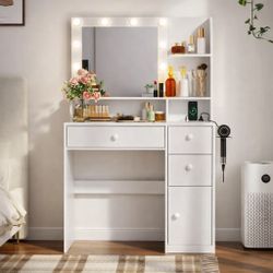 Vanity Makeup Desk w/ Lighted Mirror & Drawers – White