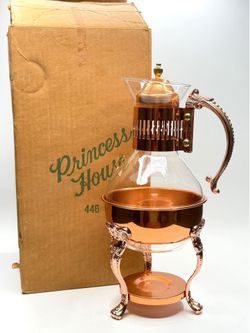 Princess House Heritage Copper Brass Glass Coffee Carafe Pot and Tray 1960s