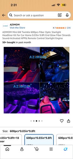 AZIMOM Mini 6W Twinkle 600pcs Fiber Optic Starlight Headliner Kit for Car Home 0.03in 9.8ft End Glow Fiber Strands Sound-Activated APP& Remote Control
