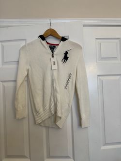 Polo by Ralph Lauren Boys Full Zip Hooded Knit Sweater M (10-12) Ivory Logo