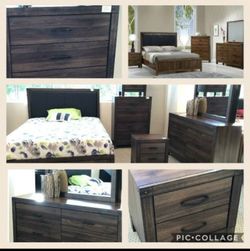 RUSTIC FINISH 5 PCS QUEEN BEDROOM SET NEW