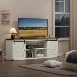 TV Stand for TVs up to 75 Inches, Farmhouse Entertainment Center with Sliding Barn Doors, TV Console Table for Living Room, Rustic White and Honey Bro