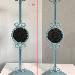 Juniper Blue Tall Metal Candle Holders for Pillar Candles with Thick Espresso Metal Accents 