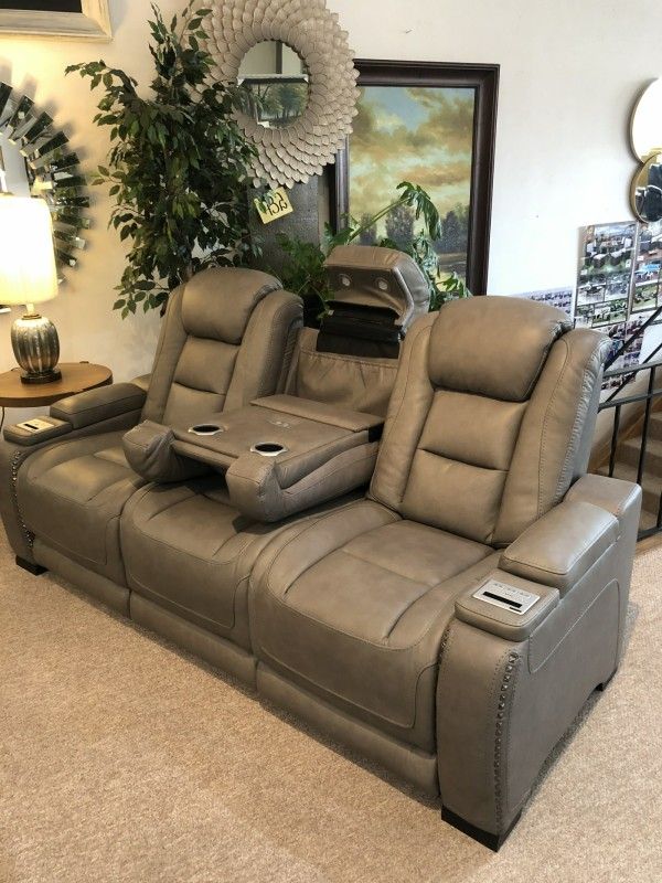 Gray Genuine Leather Power Recliner Sofa