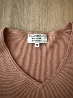 YSL nude rib knit v neck long sleeve top M