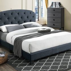 QueeN Dark Grey Burlap Button Tufted Bed w. Orthopedic Mattress Included