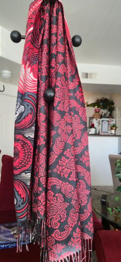 Red and Gray Paisley Fringe Scarf