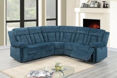 New blue chenille fabric recliner sectional couch / free delivery