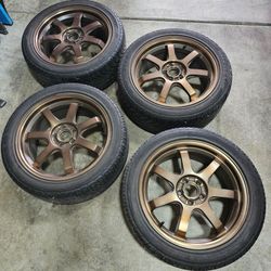 A set of four Rota SDX Bronze Wheels, 17 inch diameter  x 7.5 inch wide, 5x100 lug patter. 50mm offset.