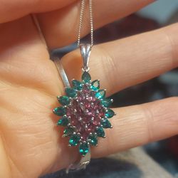 Platinum Plated Sterling Silver Green Spinel And Amethyst Pendant 20" Chain