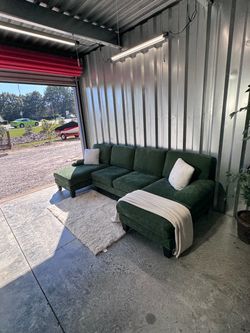 (Delivery Available) Like New Chenille Green Sectional Sofa / Couch with Chaise
