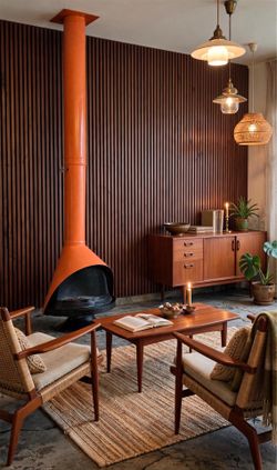 Vintage Mid Century Modern Orange Malm Freestanding Fireplace