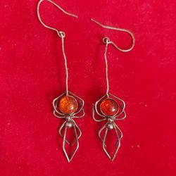Sterling Silver And Amber Spider Earrings