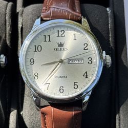 Olevs Men’s Watch Silver Brown Leather