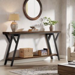 70.9-Inch Narrow Long E-ntryway C-onsole T-able, Industrial S-ofa Ta-ble Behind C-ouch with 2-T-ier S-torage S-helf for H-allway