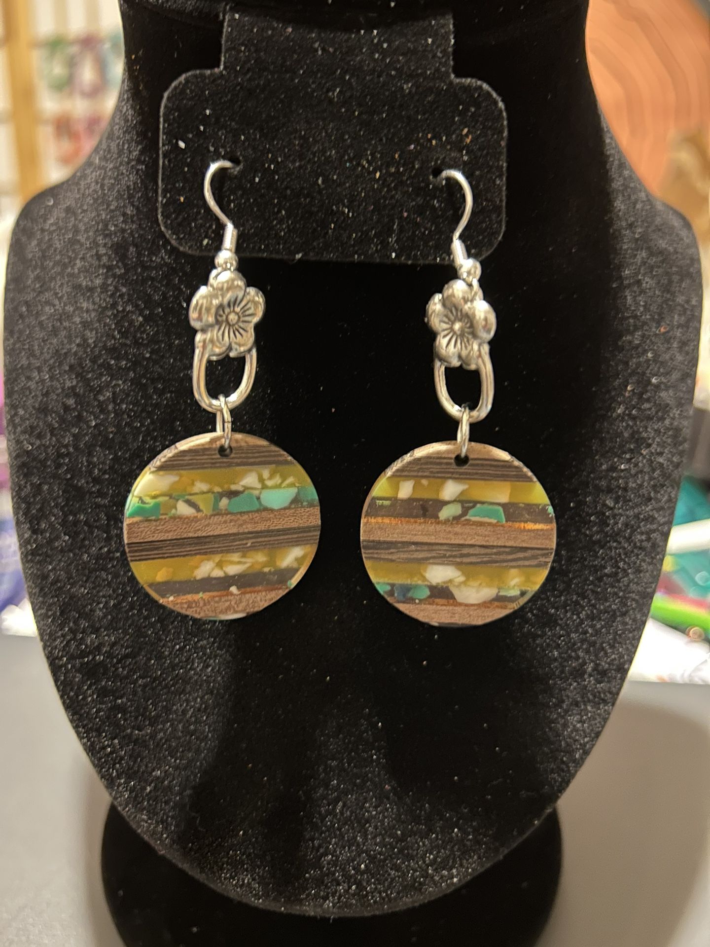 Wood, Resin, And Silver Plated Handmade Earrings