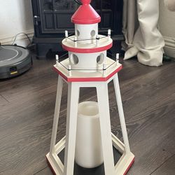 Wooden Lighthouse Red White Candle Holder 