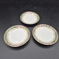 Set Of 3 Vintage CT Altwasser Silesia Salt Cellars, Green Panel/Pink Flowers,  3 1/8"