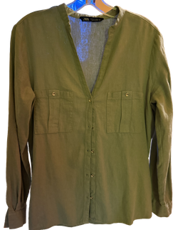 Zara Olive Green Linen Blend V-Neck Utility Shirt Button Front Pockets