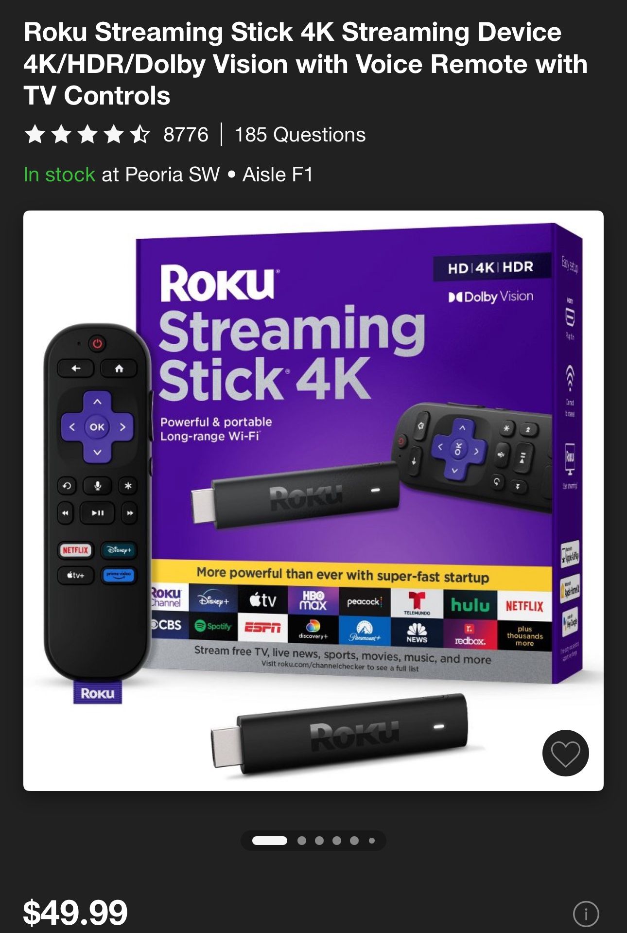 Roku Streaming Stick 4K Streaming Device 4K/HDR/Dolby Vision with Voice Remote with TV Controls