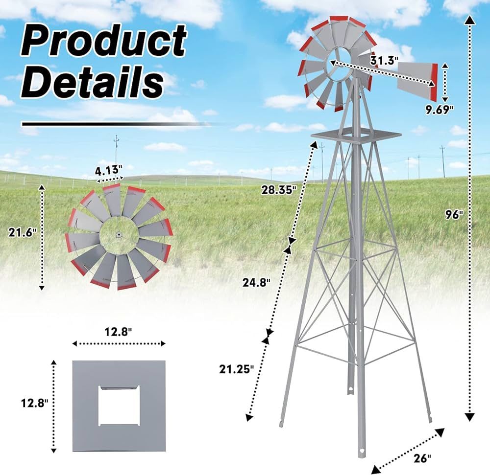 Betterland BFT Metal Windmill Ornamental Spinner Backyard Garden Decoration Weather Vane for Yard Weather Resistant (Grey)