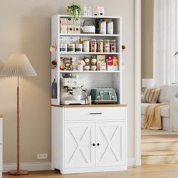 Bakers Rack Microwave Stand Storage and Customizable Pegboard, 71" Farmhouse Cof