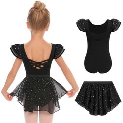 Girls Ballet Leotards With Removable High Low Skirt Ruffle Sleeve Hollow Back Dance 8-9years