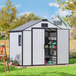 8 x 6 FT Storage Shed Outdoor with Windows and Lockable Door, Resin Garden Shed