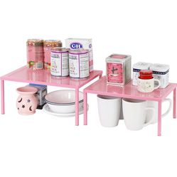 Expandable Stackable Kitchen Counter Shelf Organizer, Pink, Metal Top, 11.25 in L x 7.9 in W x 5.4 in H