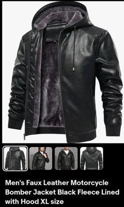 Men's Faux Leather Motorcycle BomberJacket Black Fleece Lined With Hood