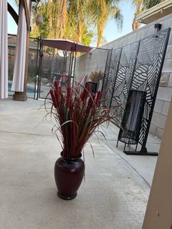 Dark Red Vase with Faux Cattail Arrangement