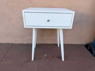 White Mid-Century Nightstand with Drawer  18” wide  14” side  2 feet high
