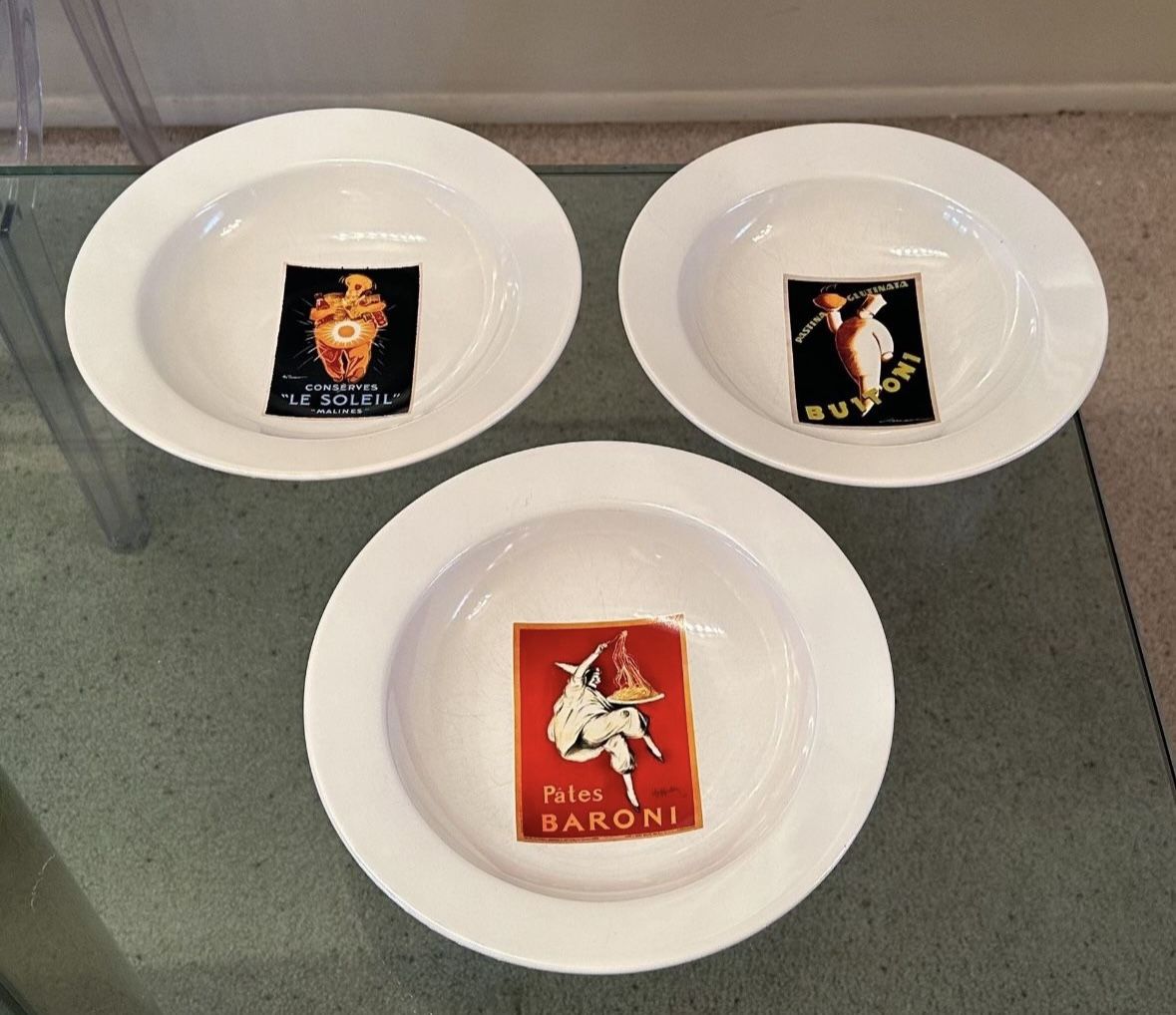 Set Of 3 Pottery Barn Vintage Posters Duet Dual Rim Large White Pasta Salad Bowls Dishwasher Microwave Safe