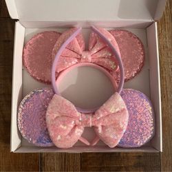 2 Pack Minnie Mouse Ear Sequined Headbands for Women Girls Hair, Pink & Purple Ears with Sequins and Pink Bows, Disney Birthday Party, NEW in Open Box
